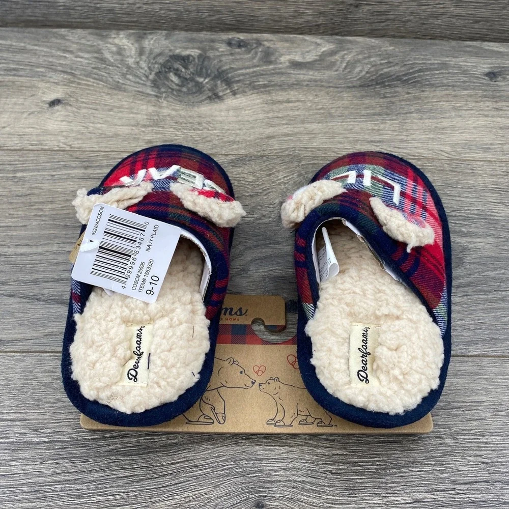 Lil‎ Bear Dearfoam Slippers Youth Size 9 - 10 Plaid Red Blue Cozy Comfort Sherpa